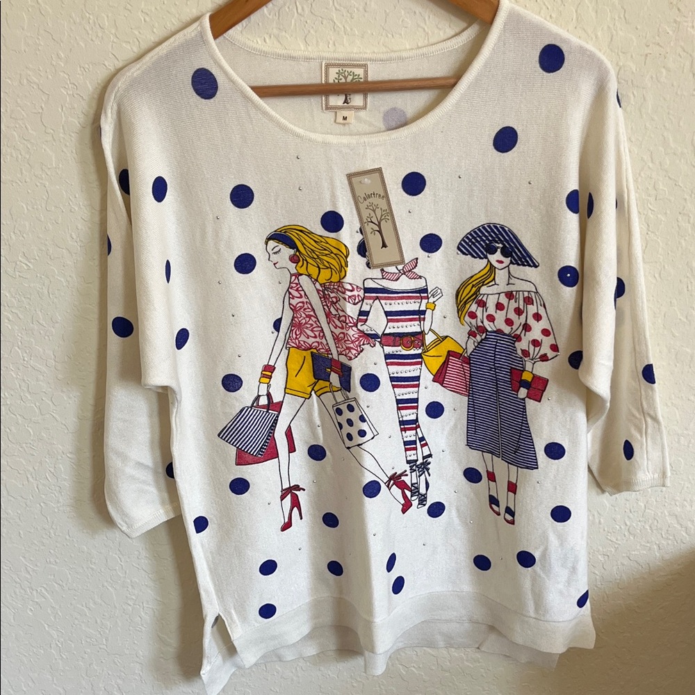 Chic White Sweater with Blue Polka Dots and Fashion Print